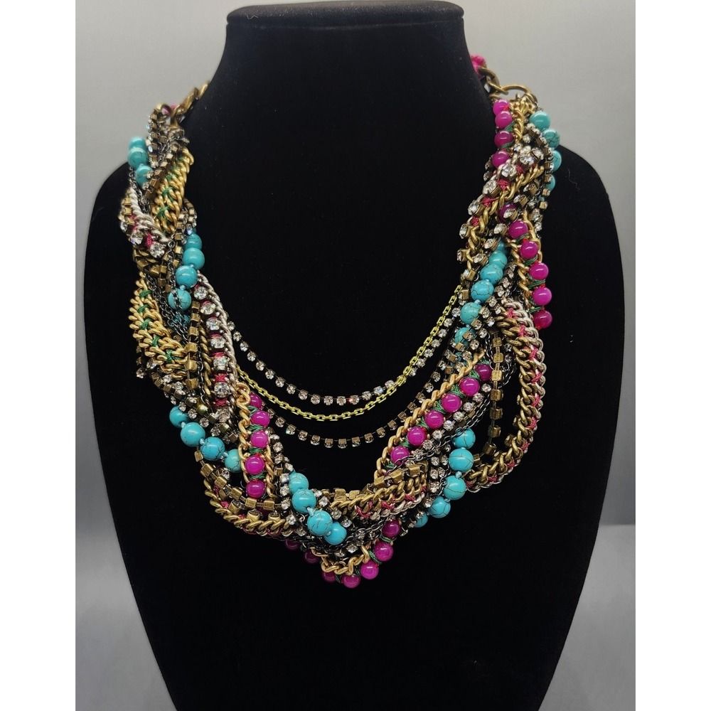 Stella & Dot Bamboleo Multi-Strand Statement Necklace Gold Blue Pink Rhinestone